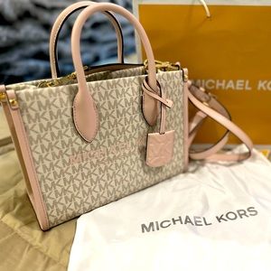 NWT Michael Kors Mirella Zip Small Shopper Tote Crossbody Powder Blush/ Beige